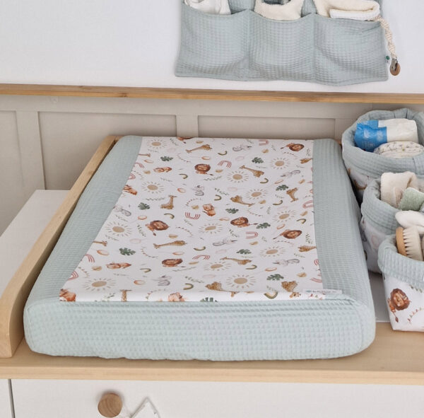 Jungle animals changing mat with powdered mint (Fabrics 45 & 59)